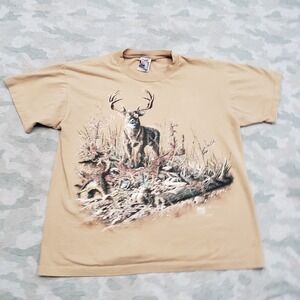 Vintage Nature Elk Shirt Mens Large Tan Short Sleeve Single Stitch Wildlife